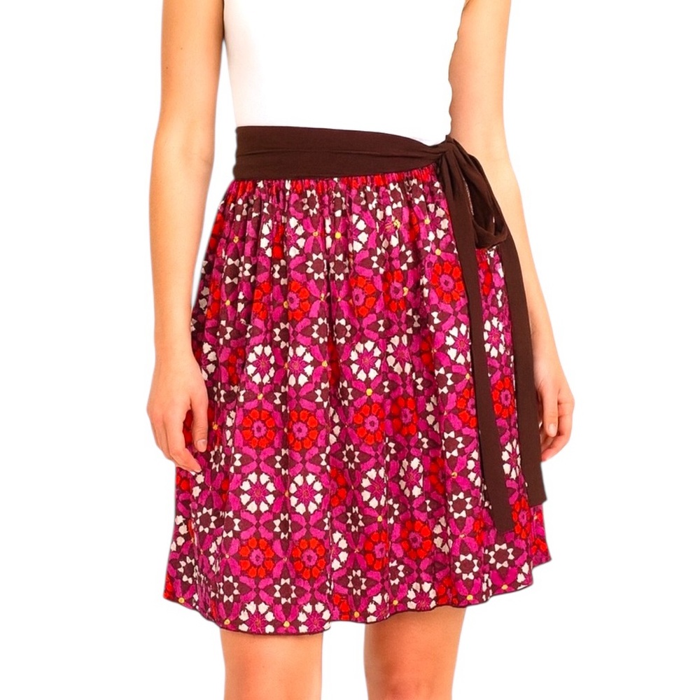 A Common Thread Brown Fuchsia Purple Red Silk Bead Tie Waist Skirt P XS $249